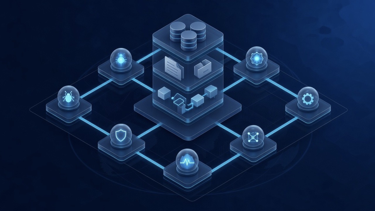 Isometric illustration of a content platform stack with database, document and workflow layers, surrounded by glass tiles with security, monitoring, settings and network icons, linked by cyan paths.