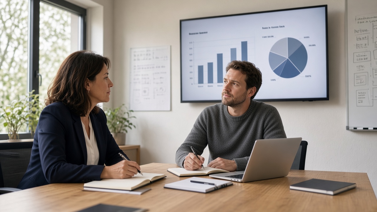 Finance director and team manager reviewing budget charts together in a bright meeting room