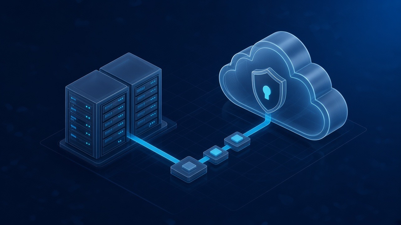 Isometric illustration of an on-premises server rack linked by a glowing cyan path of data tiles to a glass private cloud with a padlock shield, on a dark navy background.