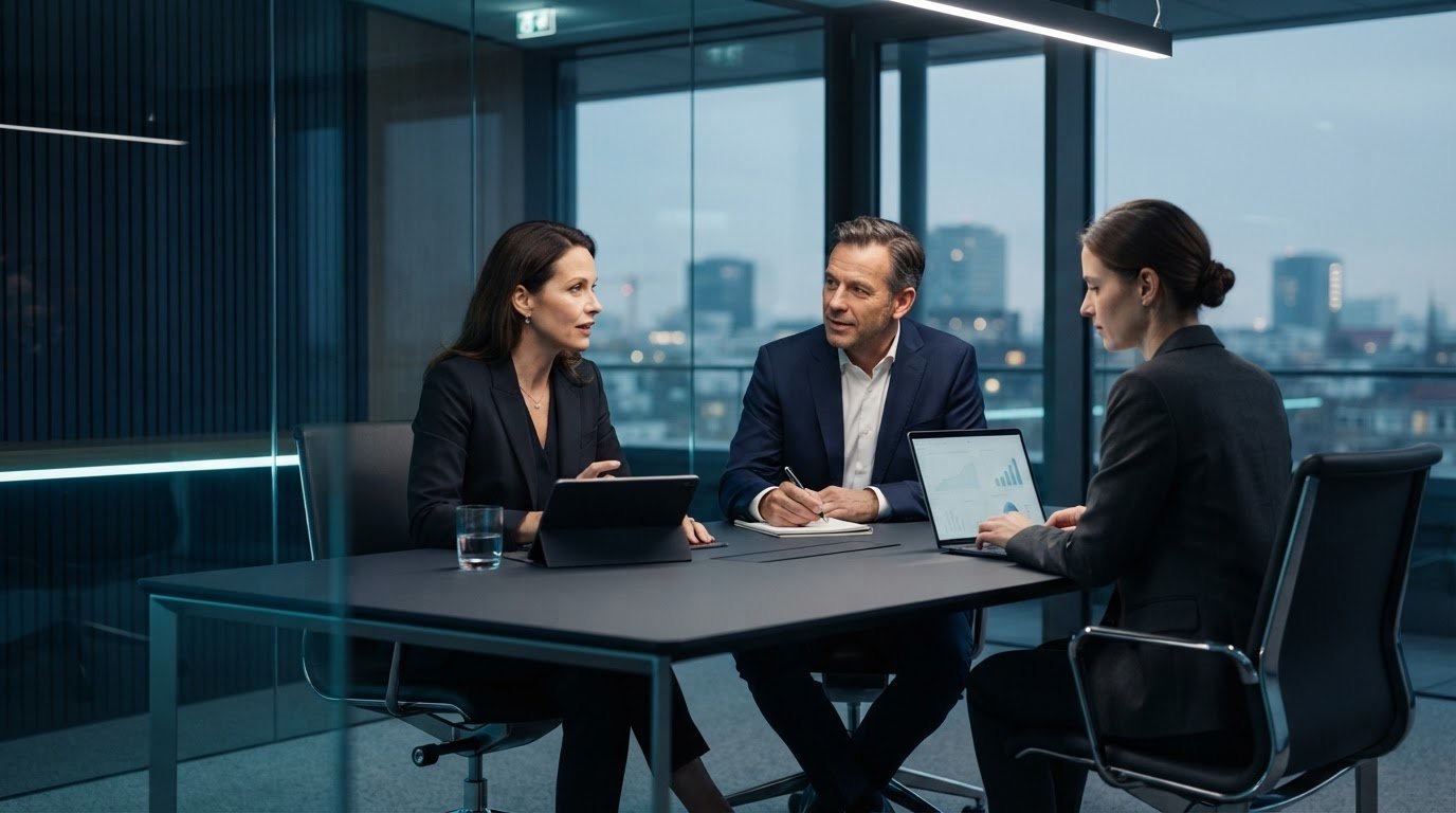 Three people in a meeting room reviewing a support agreement on a laptop and tablet